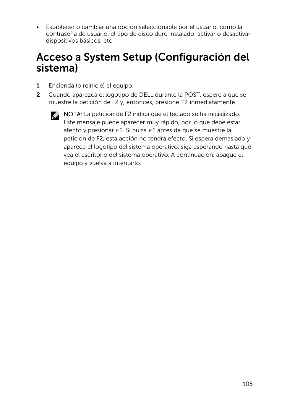 Acceso a system setup (configuración del sistema) | Dell Inspiron 23 (2350, Mid 2013) User Manual | Page 105 / 113