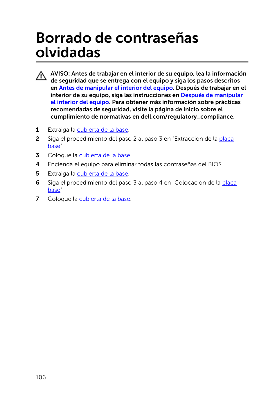 Borrado de contraseñas olvidadas | Dell Inspiron 23 (2350, Mid 2013) User Manual | Page 106 / 113