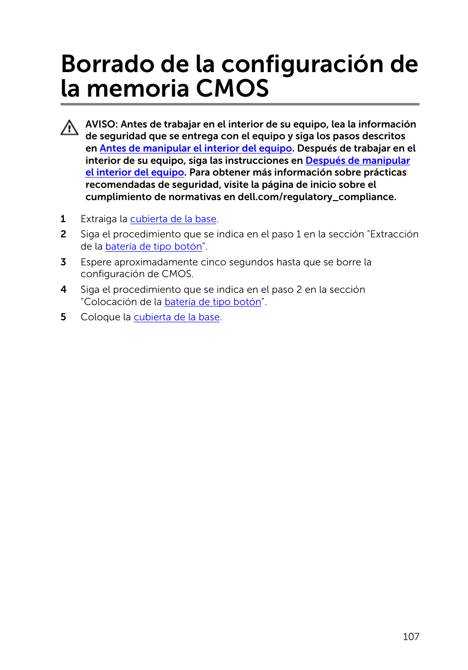 Borrado de la configuración de la memoria cmos | Dell Inspiron 23 (2350, Mid 2013) User Manual | Page 107 / 113