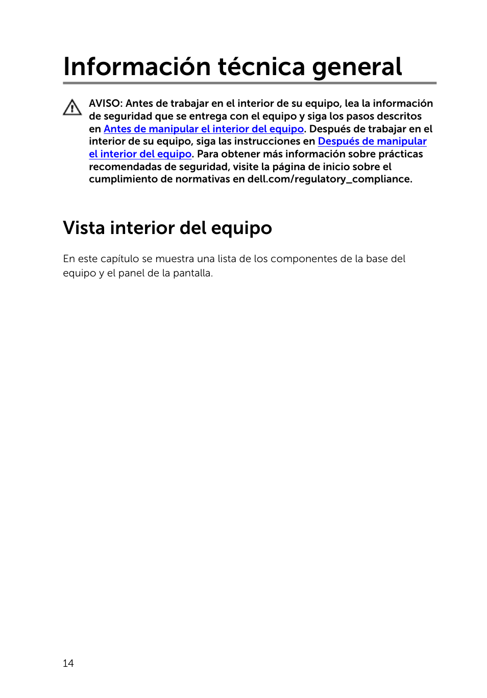 Información técnica general, Vista interior del equipo | Dell Inspiron 23 (2350, Mid 2013) User Manual | Page 14 / 113