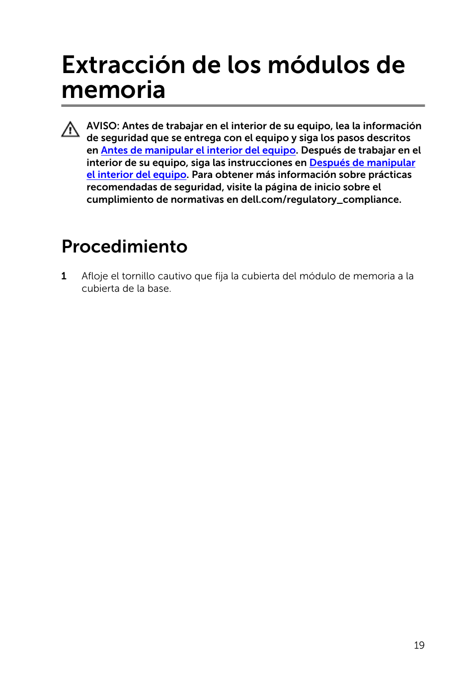 Extracción de los módulos de memoria, Procedimiento | Dell Inspiron 23 (2350, Mid 2013) User Manual | Page 19 / 113