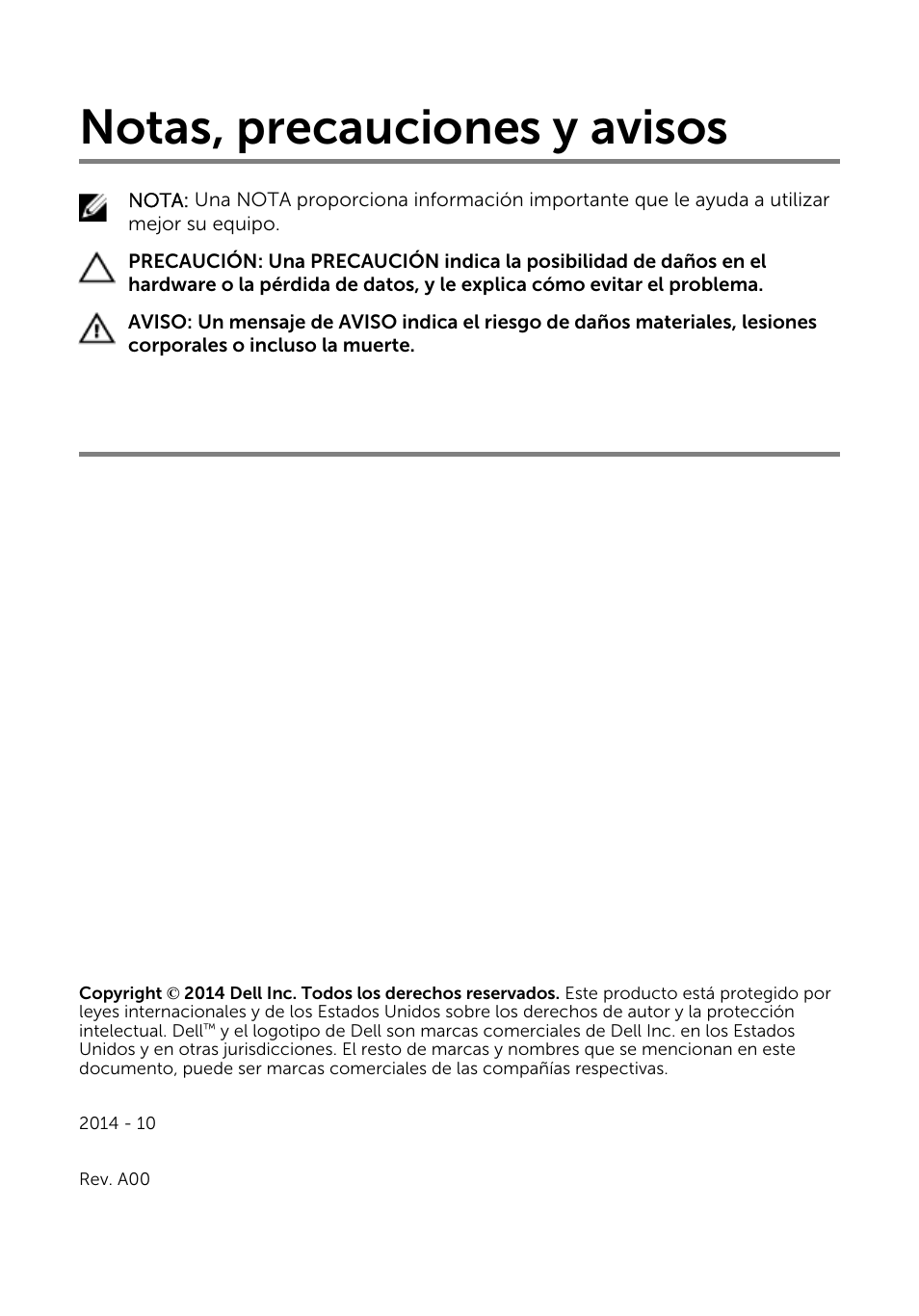 Notas, precauciones y avisos | Dell Inspiron 23 (2350, Mid 2013) User Manual | Page 2 / 113