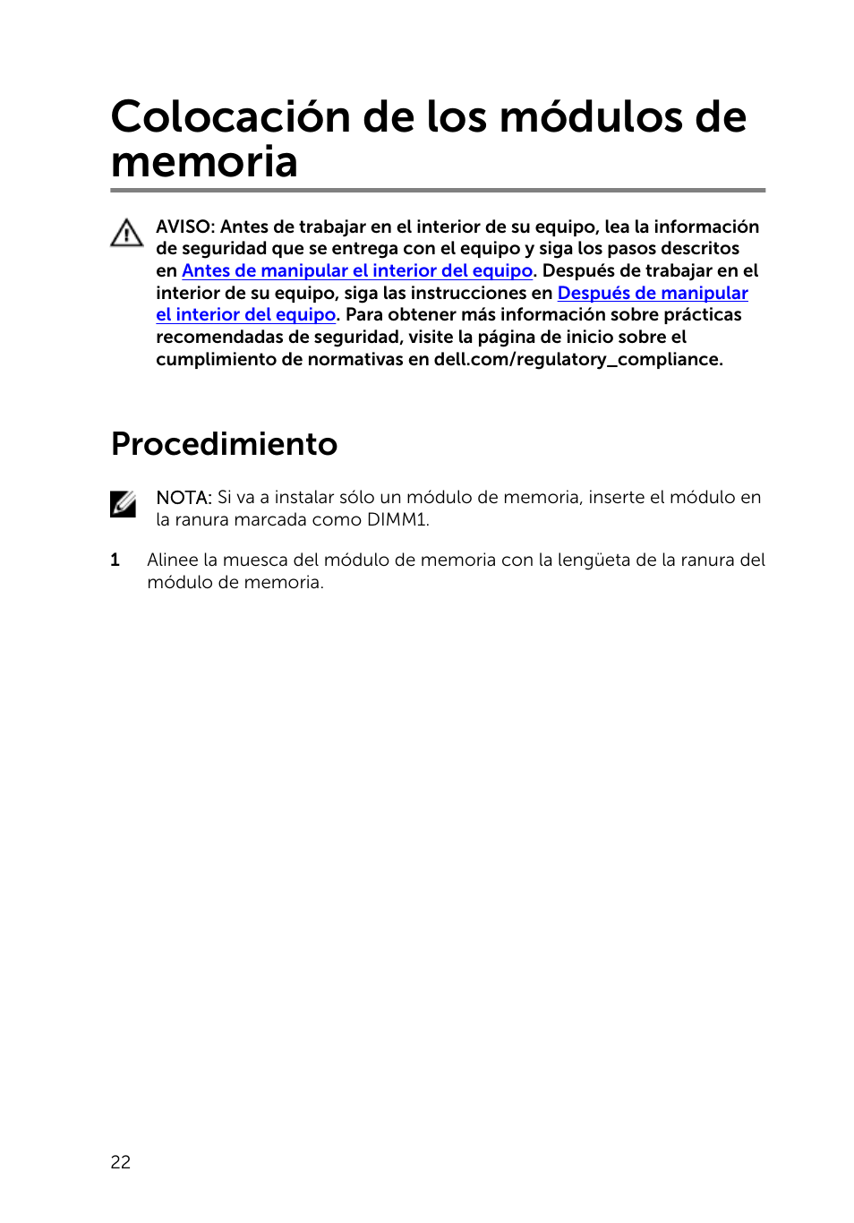 Colocación de los módulos de memoria, Procedimiento | Dell Inspiron 23 (2350, Mid 2013) User Manual | Page 22 / 113