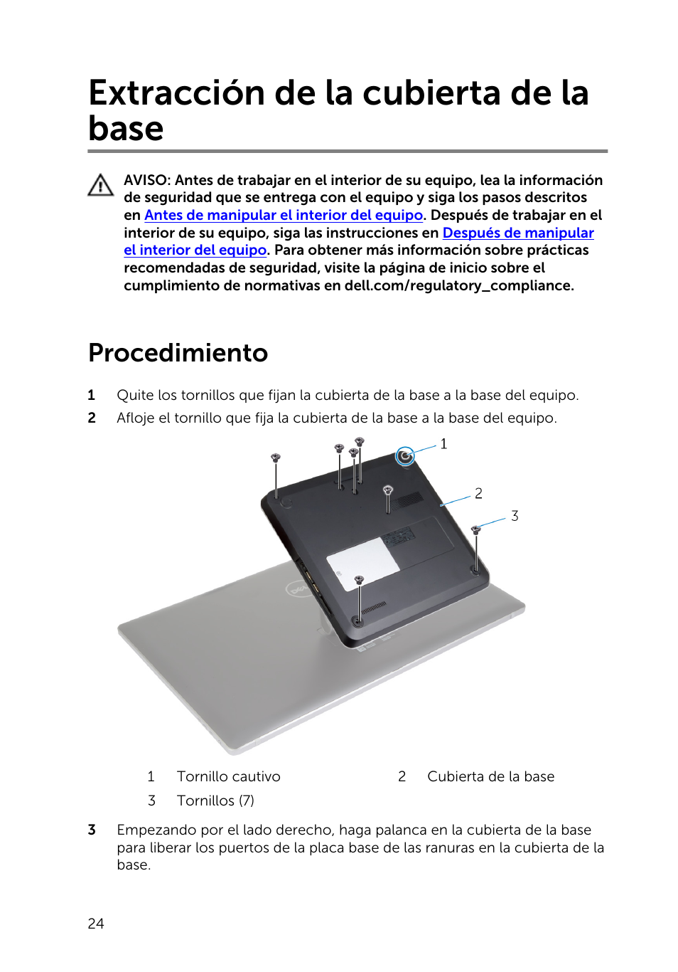 Extracción de la cubierta de la base, Procedimiento | Dell Inspiron 23 (2350, Mid 2013) User Manual | Page 24 / 113