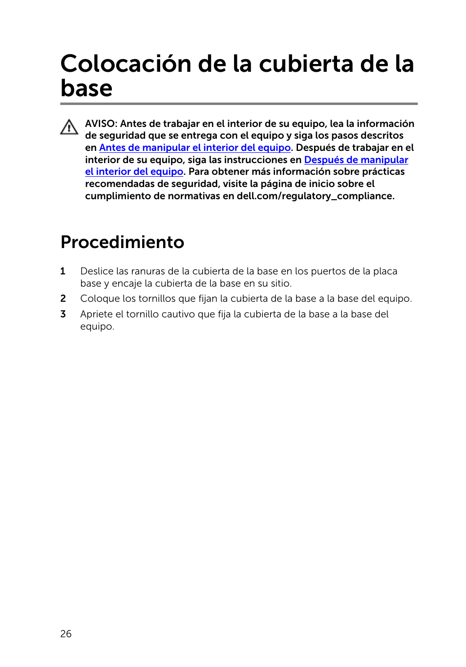 Colocación de la cubierta de la base, Procedimiento | Dell Inspiron 23 (2350, Mid 2013) User Manual | Page 26 / 113