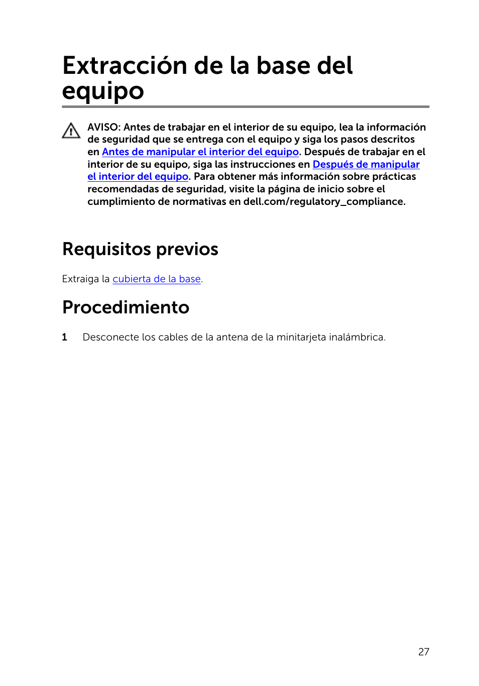 Extracción de la base del equipo, Requisitos previos, Procedimiento | Dell Inspiron 23 (2350, Mid 2013) User Manual | Page 27 / 113