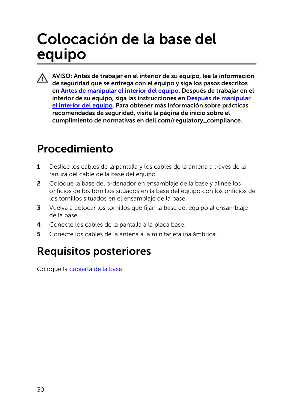 Colocación de la base del equipo, Procedimiento, Requisitos posteriores | Dell Inspiron 23 (2350, Mid 2013) User Manual | Page 30 / 113