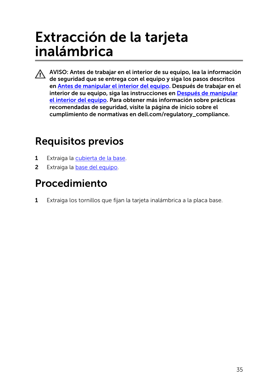 Extracción de la tarjeta inalámbrica, Requisitos previos, Procedimiento | Dell Inspiron 23 (2350, Mid 2013) User Manual | Page 35 / 113