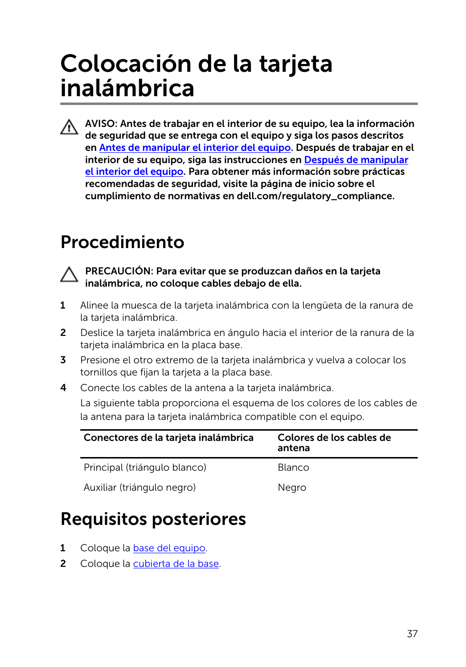 Colocación de la tarjeta inalámbrica, Procedimiento, Requisitos posteriores | Dell Inspiron 23 (2350, Mid 2013) User Manual | Page 37 / 113