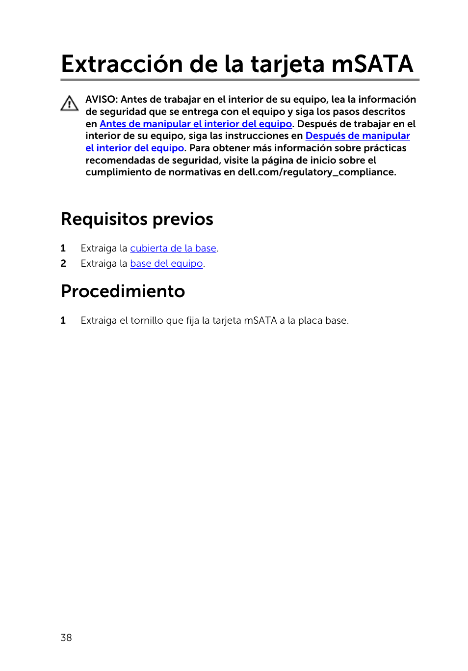 Extracción de la tarjeta msata, Requisitos previos, Procedimiento | Dell Inspiron 23 (2350, Mid 2013) User Manual | Page 38 / 113