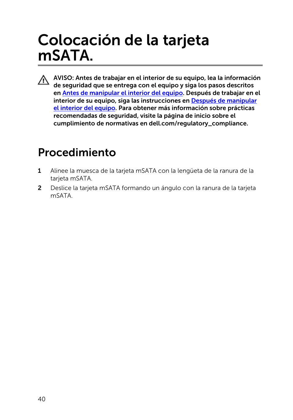 Colocación de la tarjeta msata, Procedimiento | Dell Inspiron 23 (2350, Mid 2013) User Manual | Page 40 / 113