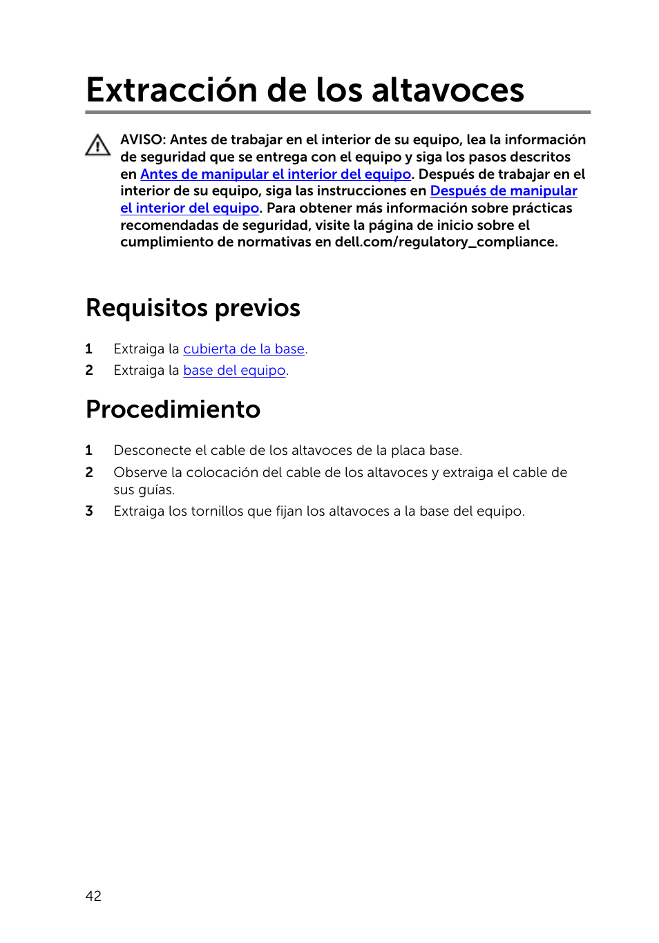 Extracción de los altavoces, Requisitos previos, Procedimiento | Dell Inspiron 23 (2350, Mid 2013) User Manual | Page 42 / 113