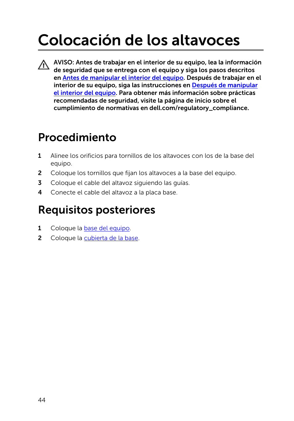 Colocación de los altavoces, Procedimiento, Requisitos posteriores | Dell Inspiron 23 (2350, Mid 2013) User Manual | Page 44 / 113