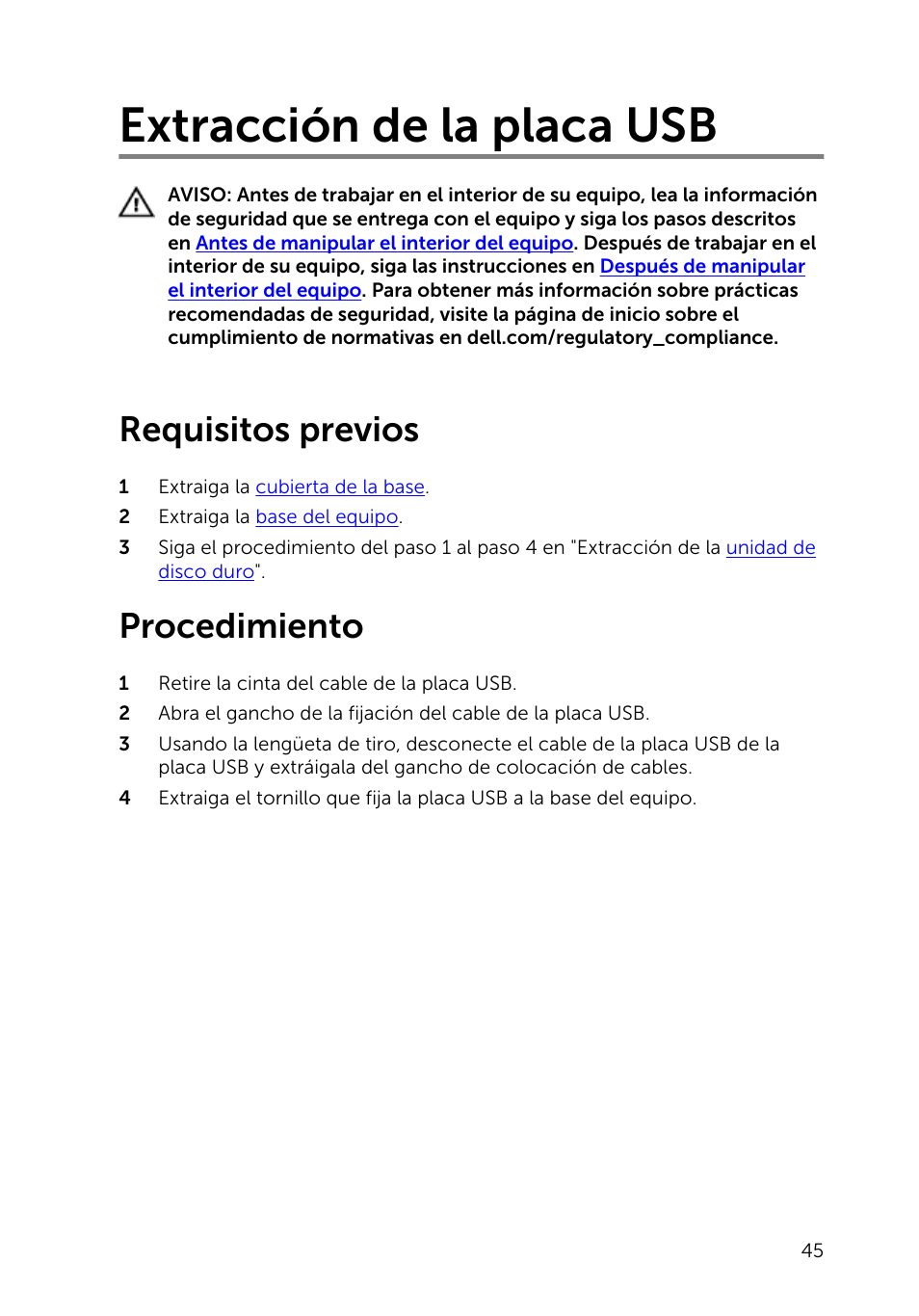 Extracción de la placa usb, Requisitos previos, Procedimiento | Dell Inspiron 23 (2350, Mid 2013) User Manual | Page 45 / 113