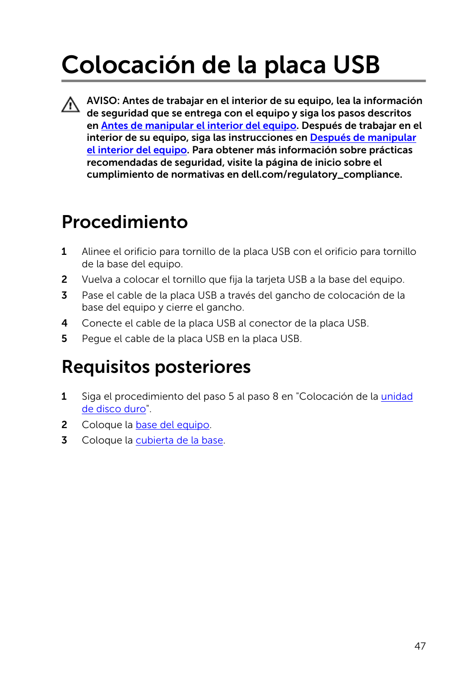 Colocación de la placa usb, Procedimiento, Requisitos posteriores | Dell Inspiron 23 (2350, Mid 2013) User Manual | Page 47 / 113