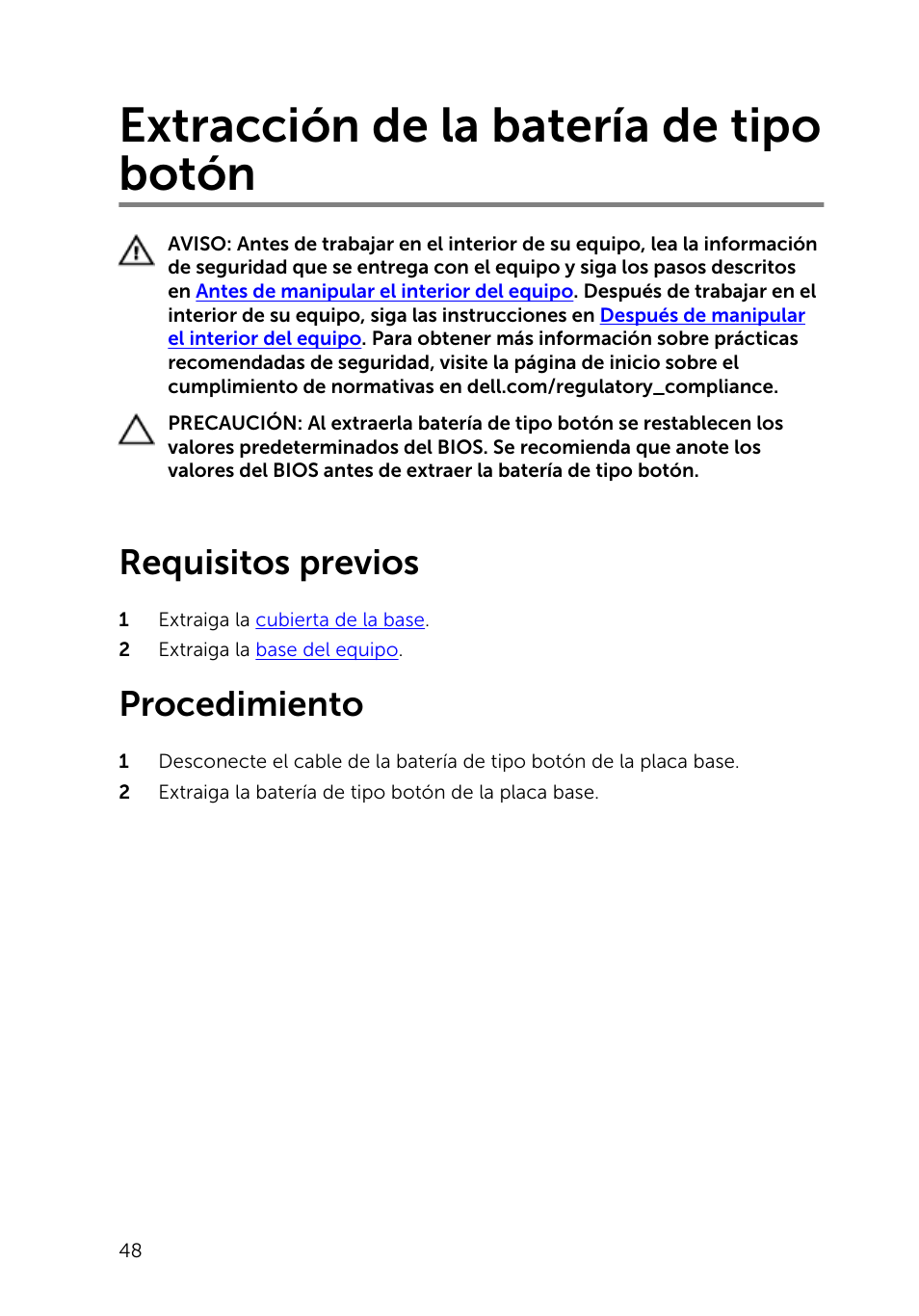 Extracción de la batería de tipo botón, Requisitos previos, Procedimiento | Dell Inspiron 23 (2350, Mid 2013) User Manual | Page 48 / 113