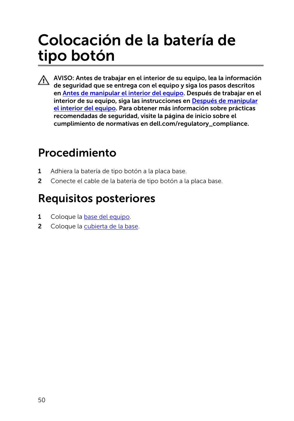 Colocación de la batería de tipo botón, Procedimiento, Requisitos posteriores | Dell Inspiron 23 (2350, Mid 2013) User Manual | Page 50 / 113