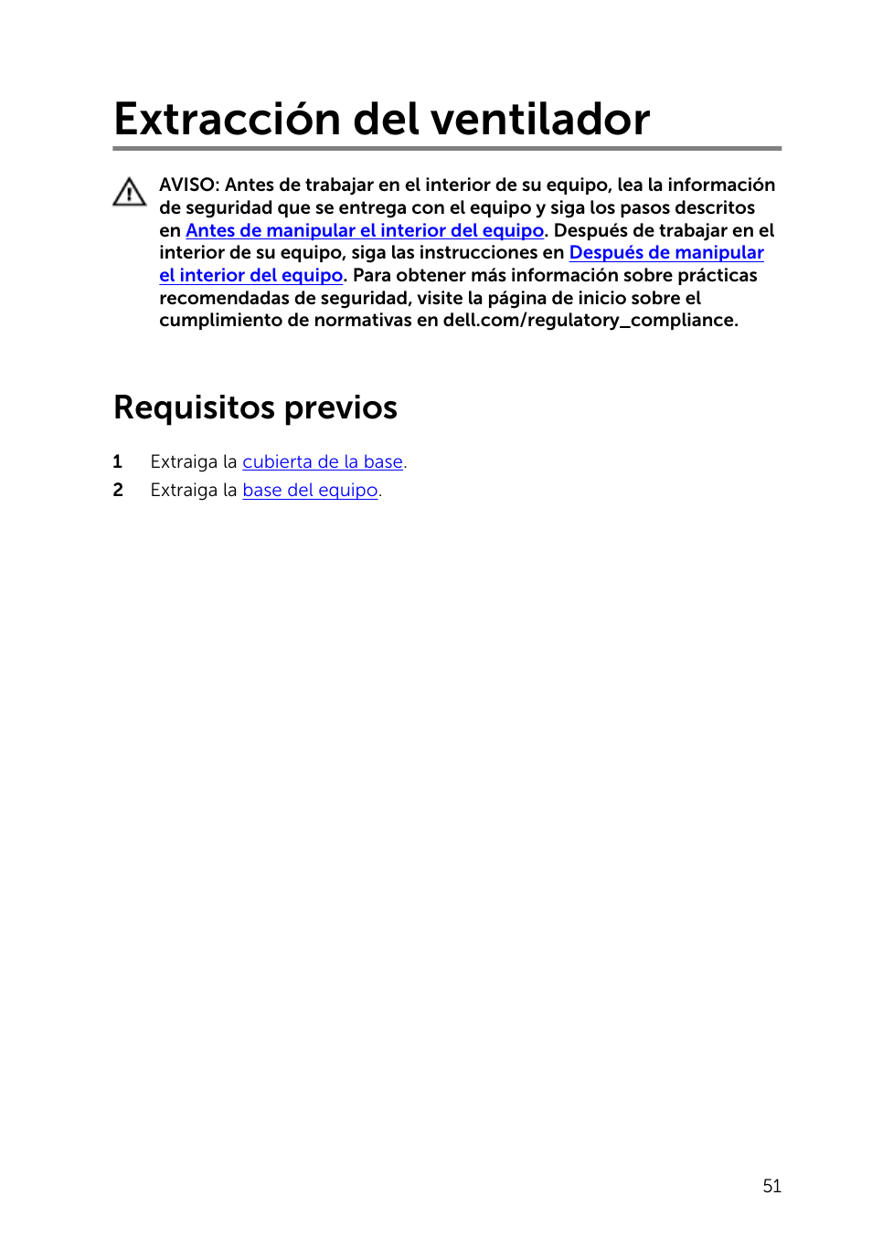 Extracción del ventilador, Requisitos previos | Dell Inspiron 23 (2350, Mid 2013) User Manual | Page 51 / 113