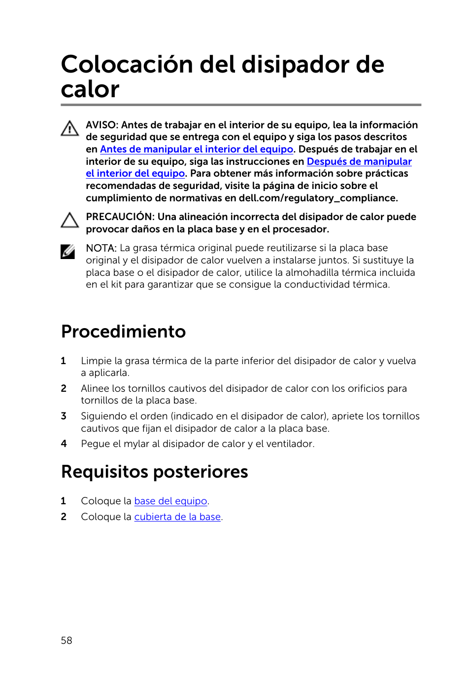 Colocación del disipador de calor, Procedimiento, Requisitos posteriores | Dell Inspiron 23 (2350, Mid 2013) User Manual | Page 58 / 113