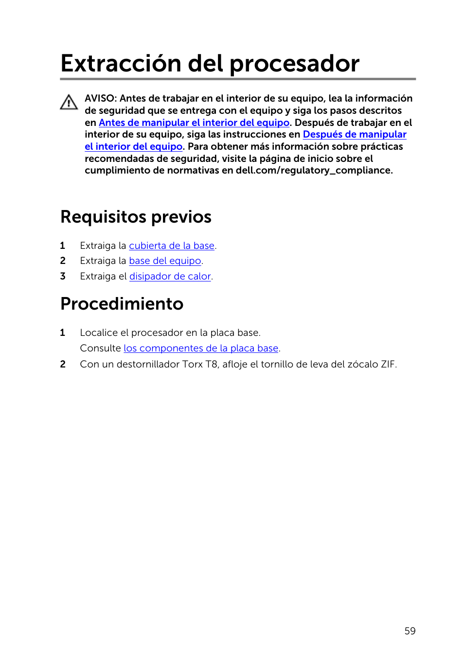 Extracción del procesador, Requisitos previos, Procedimiento | Dell Inspiron 23 (2350, Mid 2013) User Manual | Page 59 / 113