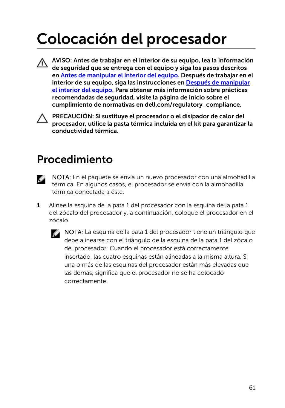 Colocación del procesador, Procedimiento | Dell Inspiron 23 (2350, Mid 2013) User Manual | Page 61 / 113