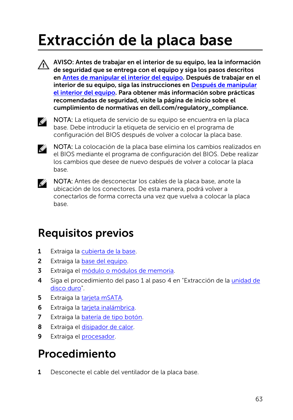 Extracción de la placa base, Requisitos previos, Procedimiento | Dell Inspiron 23 (2350, Mid 2013) User Manual | Page 63 / 113