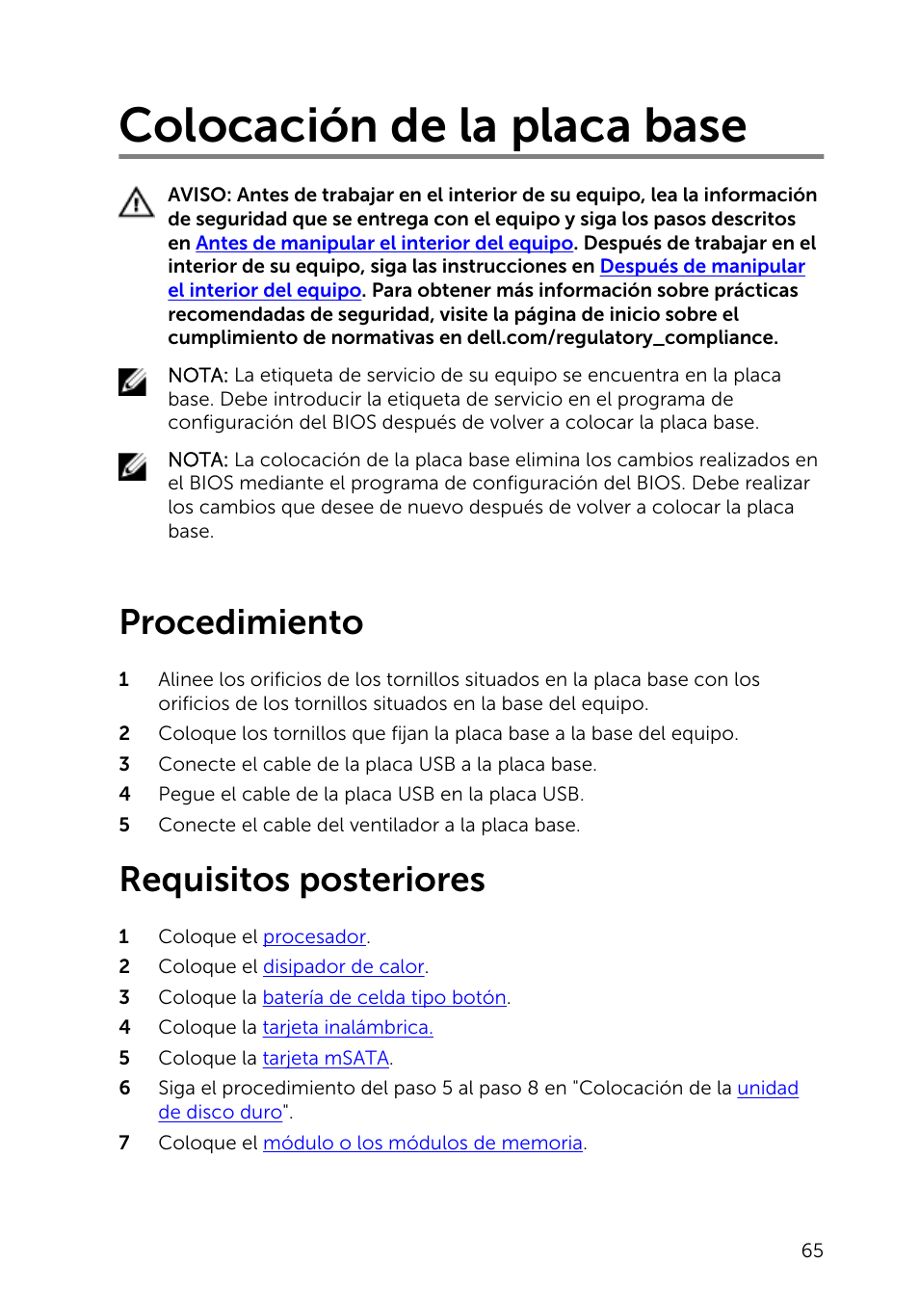 Colocación de la placa base, Procedimiento, Requisitos posteriores | Dell Inspiron 23 (2350, Mid 2013) User Manual | Page 65 / 113