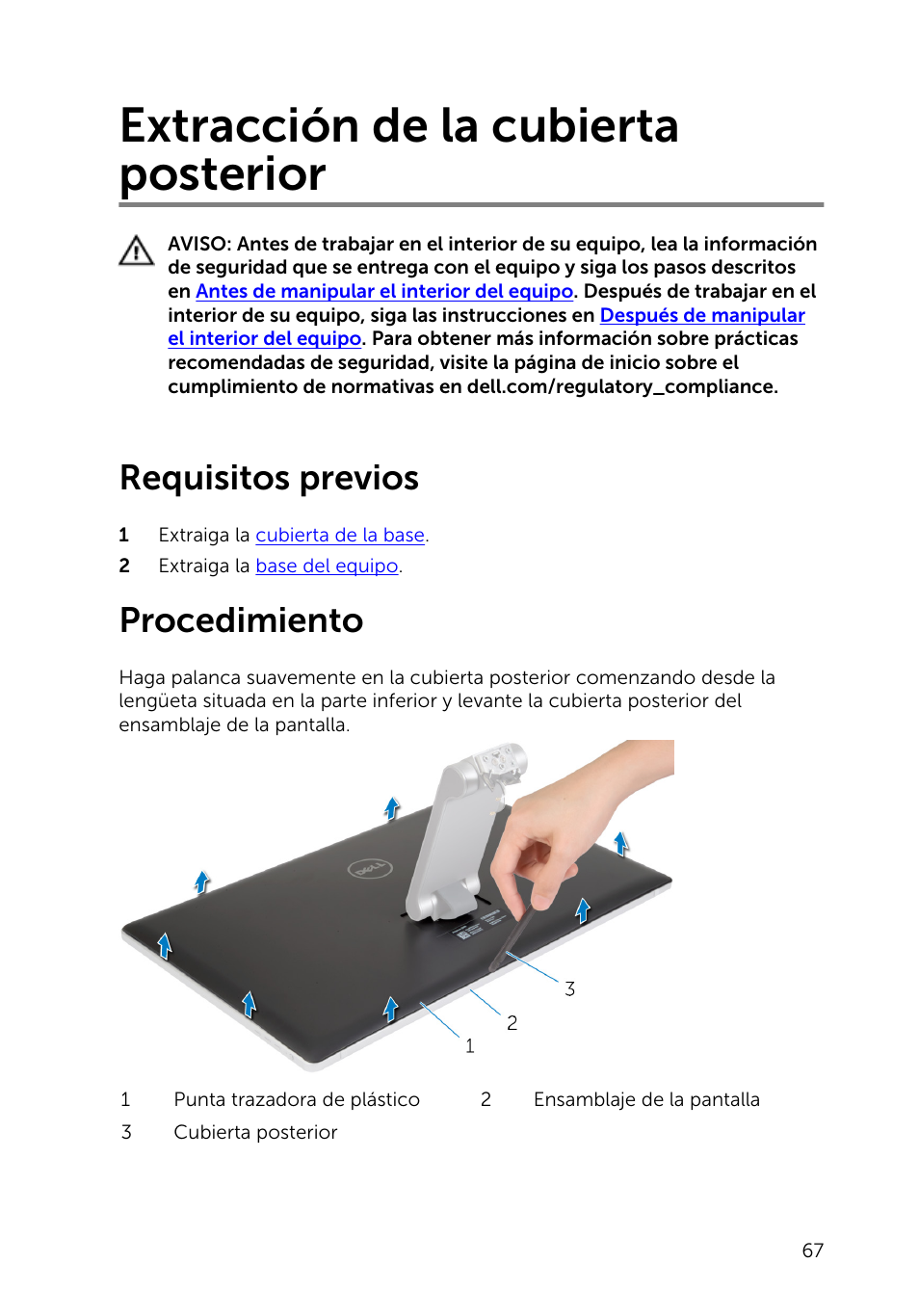 Extracción de la cubierta posterior, Requisitos previos, Procedimiento | Dell Inspiron 23 (2350, Mid 2013) User Manual | Page 67 / 113