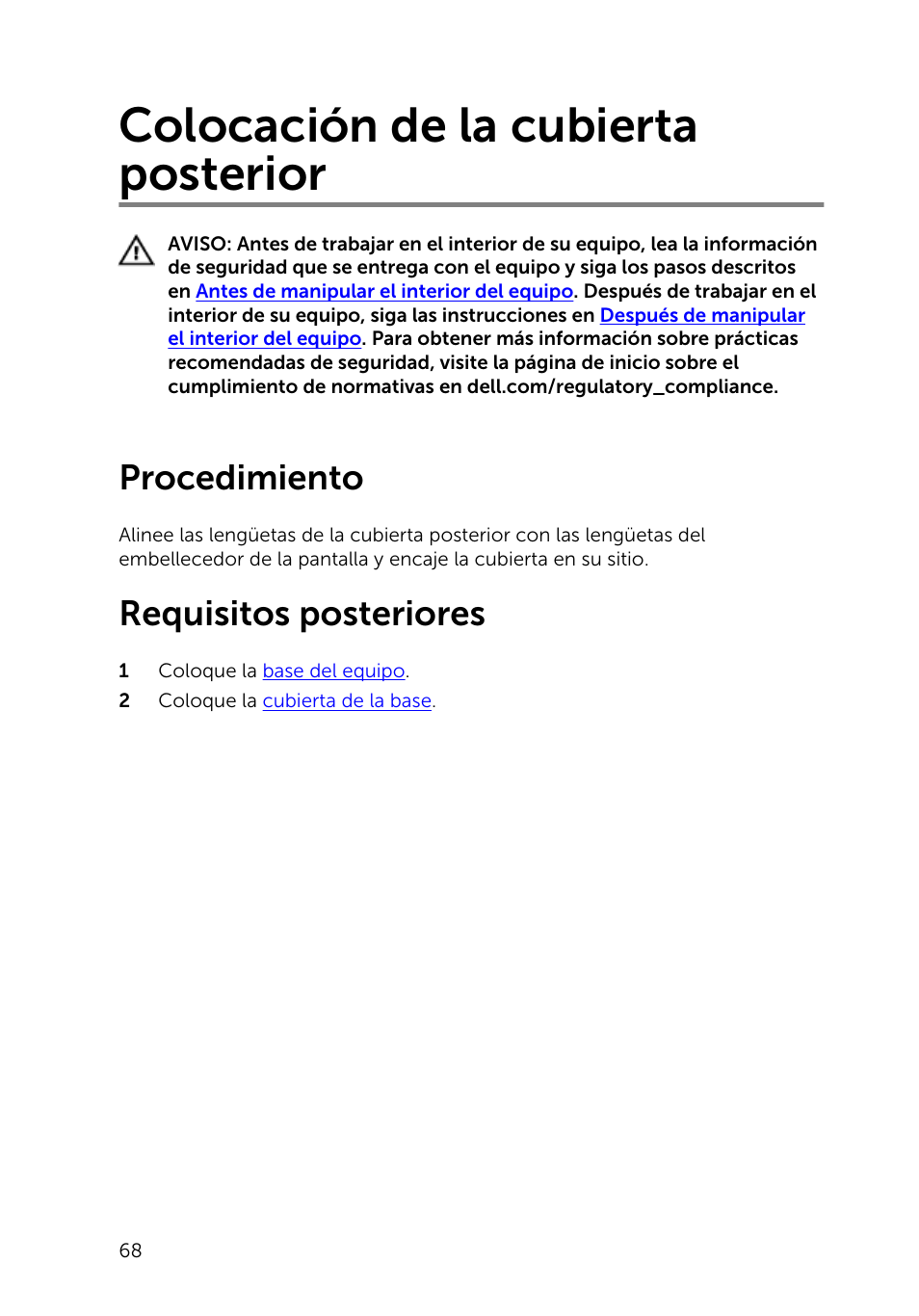 Colocación de la cubierta posterior, Procedimiento, Requisitos posteriores | Dell Inspiron 23 (2350, Mid 2013) User Manual | Page 68 / 113