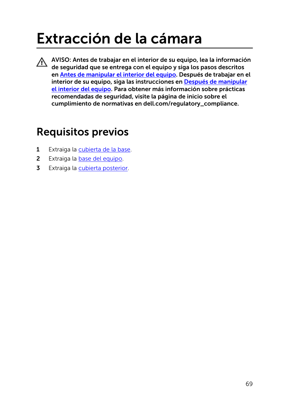 Extracción de la cámara, Requisitos previos | Dell Inspiron 23 (2350, Mid 2013) User Manual | Page 69 / 113