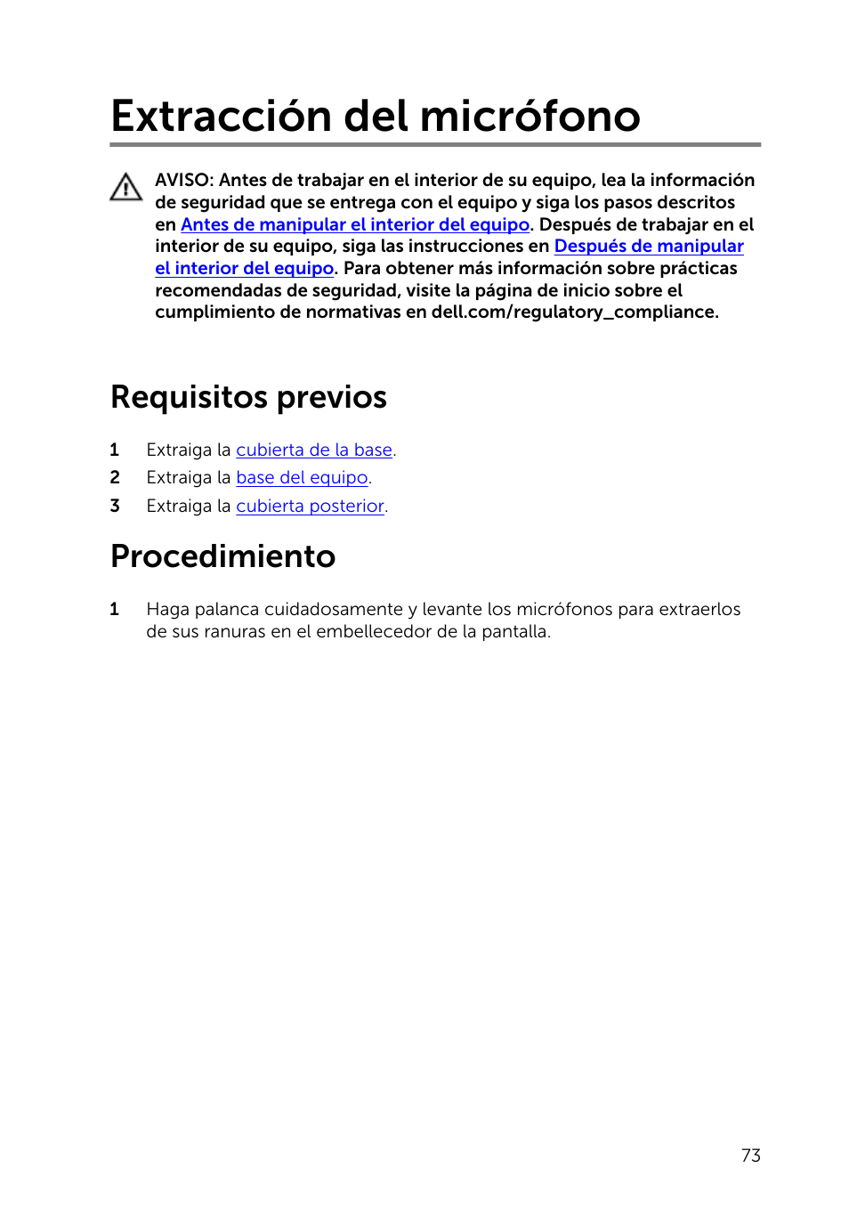 Extracción del micrófono, Requisitos previos, Procedimiento | Dell Inspiron 23 (2350, Mid 2013) User Manual | Page 73 / 113