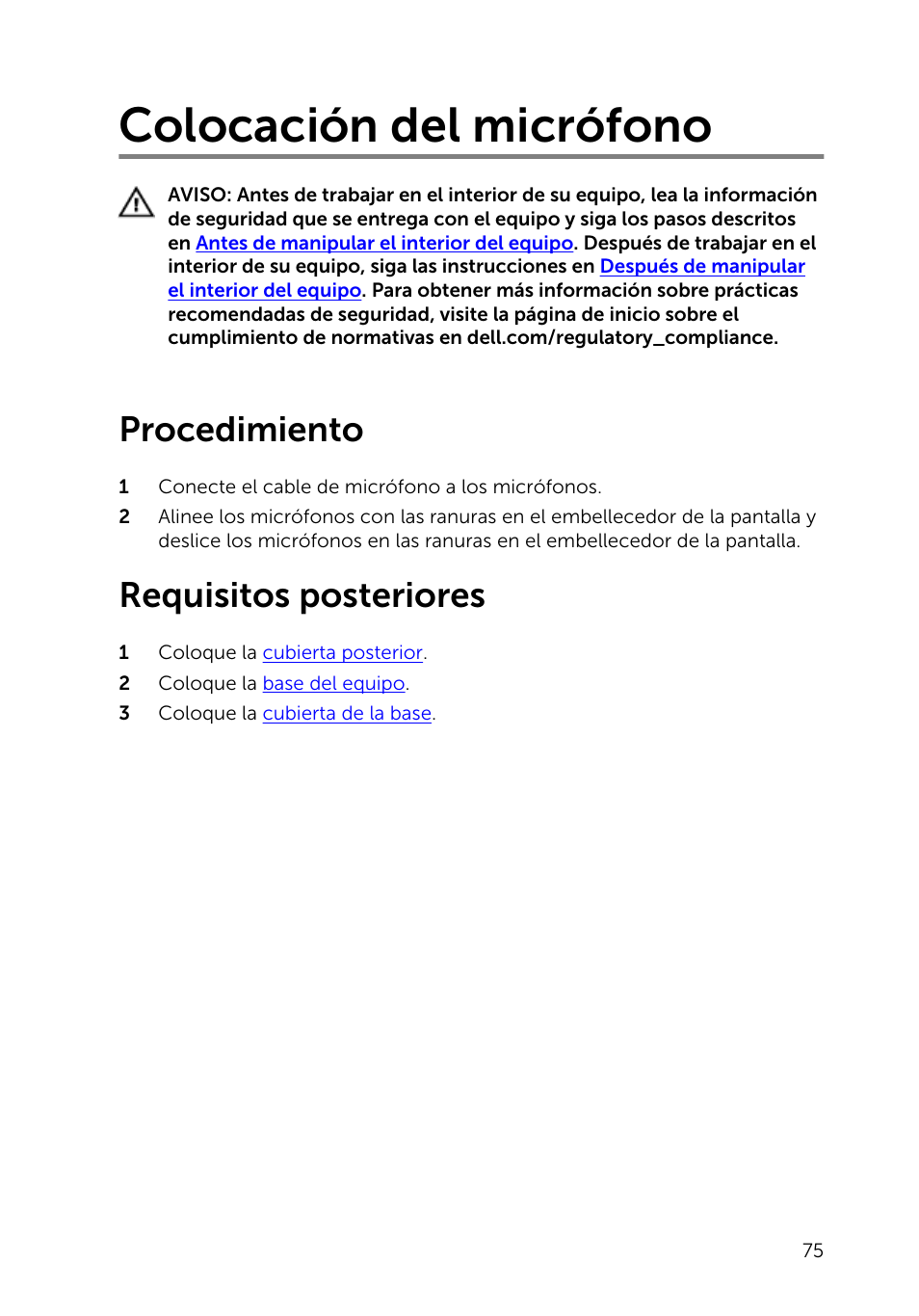 Colocación del micrófono, Procedimiento, Requisitos posteriores | Dell Inspiron 23 (2350, Mid 2013) User Manual | Page 75 / 113