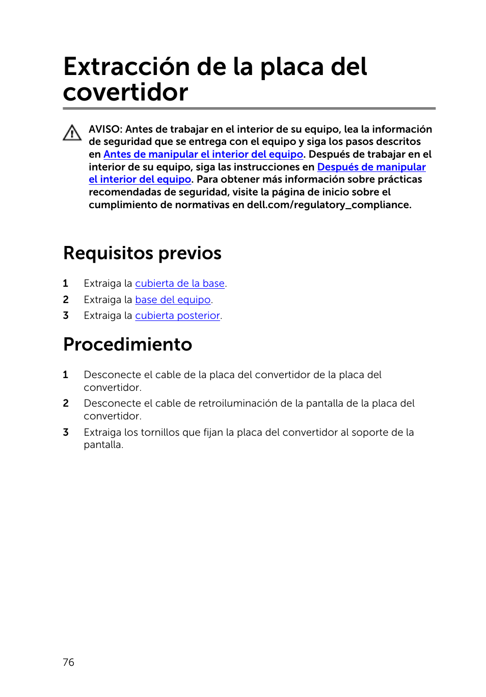 Extracción de la placa del covertidor, Requisitos previos, Procedimiento | Dell Inspiron 23 (2350, Mid 2013) User Manual | Page 76 / 113