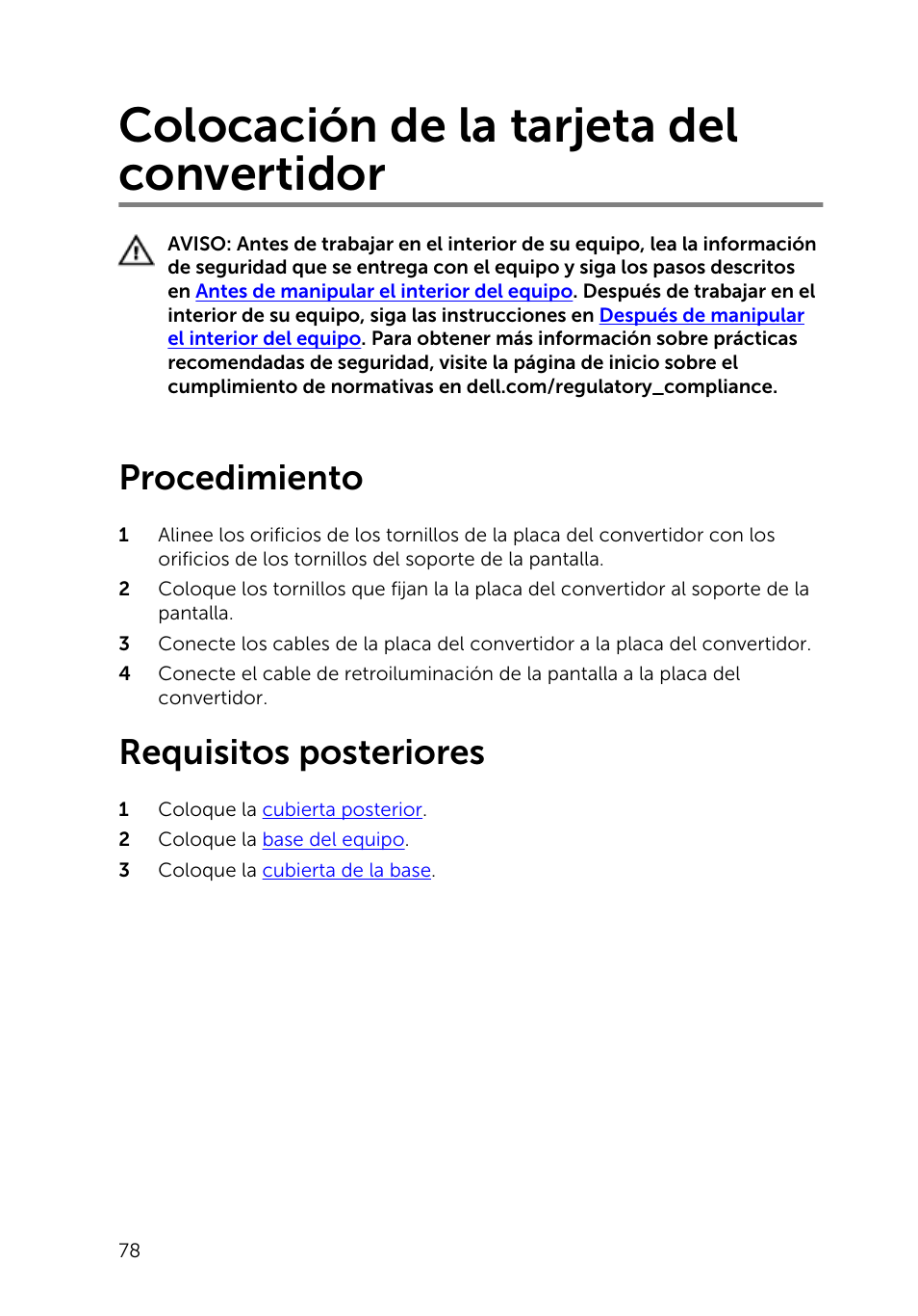 Colocación de la tarjeta del convertidor, Procedimiento, Requisitos posteriores | Dell Inspiron 23 (2350, Mid 2013) User Manual | Page 78 / 113