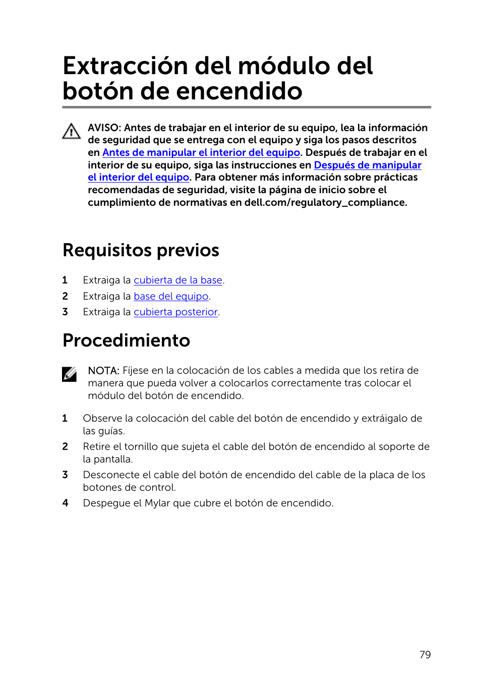 Extracción del módulo del botón de encendido, Requisitos previos, Procedimiento | Dell Inspiron 23 (2350, Mid 2013) User Manual | Page 79 / 113