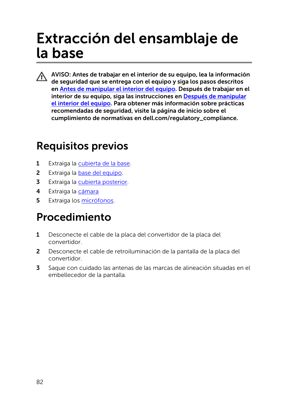 Extracción del ensamblaje de la base, Requisitos previos, Procedimiento | Dell Inspiron 23 (2350, Mid 2013) User Manual | Page 82 / 113