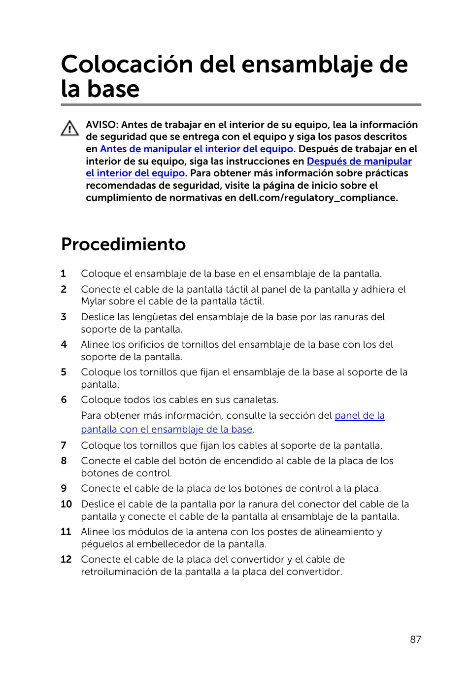 Colocación del ensamblaje de la base, Procedimiento | Dell Inspiron 23 (2350, Mid 2013) User Manual | Page 87 / 113