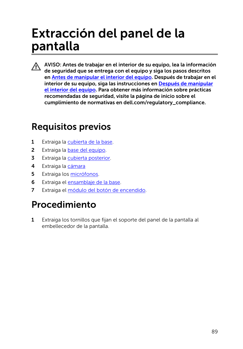 Extracción del panel de la pantalla, Requisitos previos, Procedimiento | Dell Inspiron 23 (2350, Mid 2013) User Manual | Page 89 / 113