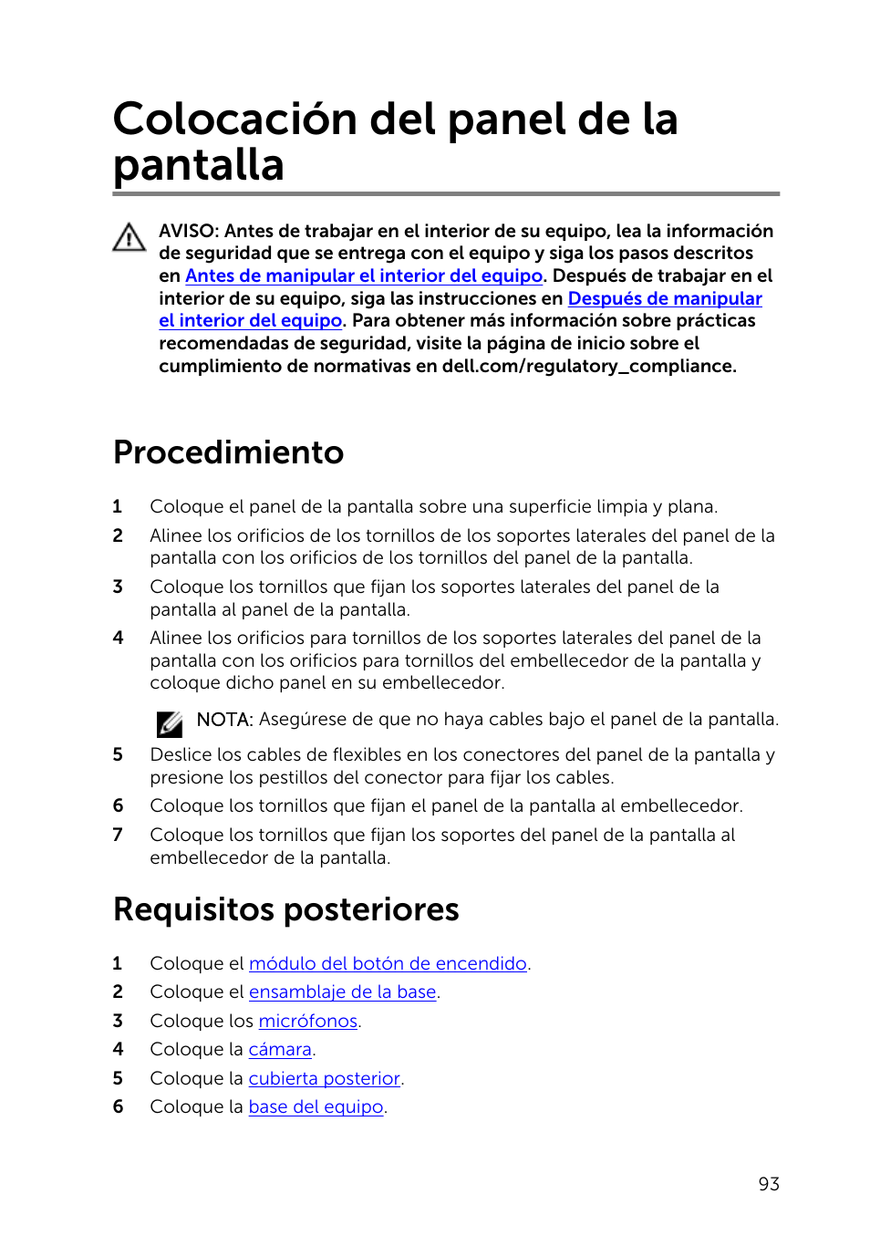 Colocación del panel de la pantalla, Procedimiento, Requisitos posteriores | Dell Inspiron 23 (2350, Mid 2013) User Manual | Page 93 / 113