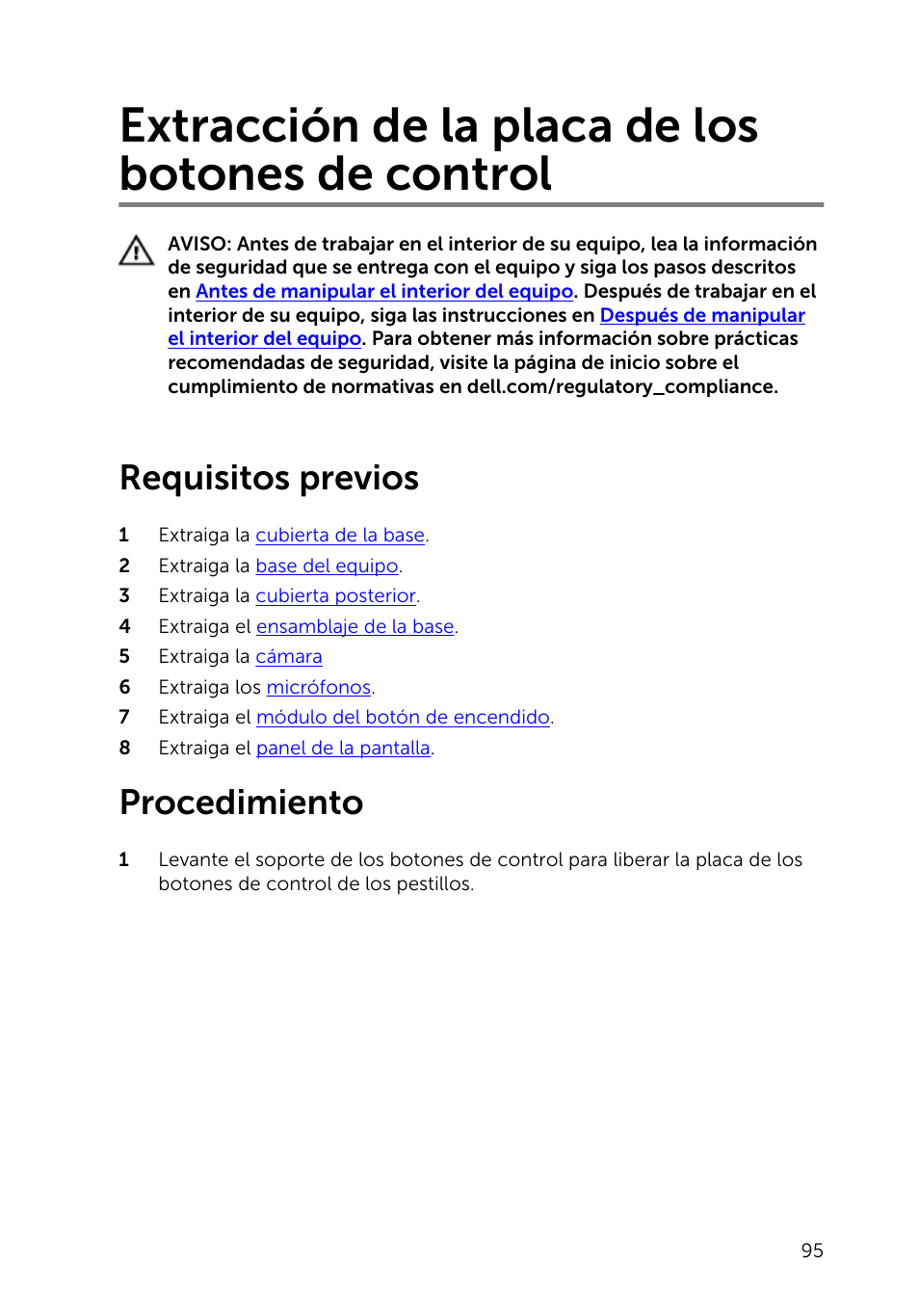 Extracción de la placa de los botones de control, Requisitos previos, Procedimiento | Dell Inspiron 23 (2350, Mid 2013) User Manual | Page 95 / 113