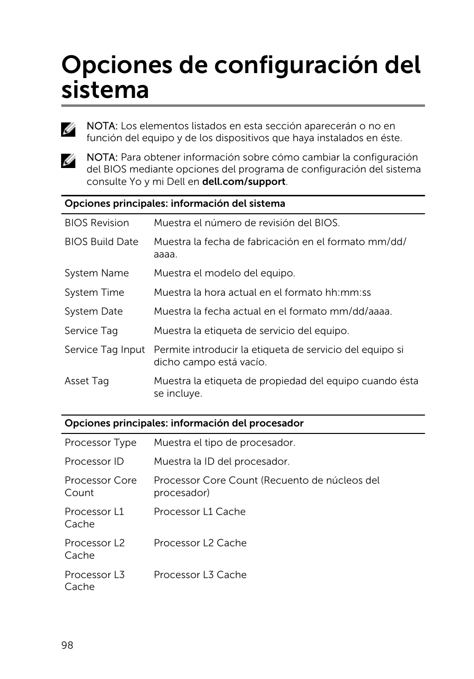 Opciones de configuración del sistema | Dell Inspiron 23 (2350, Mid 2013) User Manual | Page 98 / 113