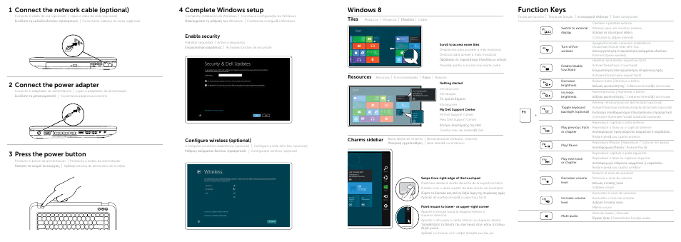 Function keys, Connect the network cable (optional), Connect the power adapter | 3 press the power button, 4 complete windows setup, Windows 8, Enable security, Configure wireless (optional), Charms sidebar resources tiles | Dell Inspiron 15R (5520, Mid 2012) User Manual | Page 2 / 2