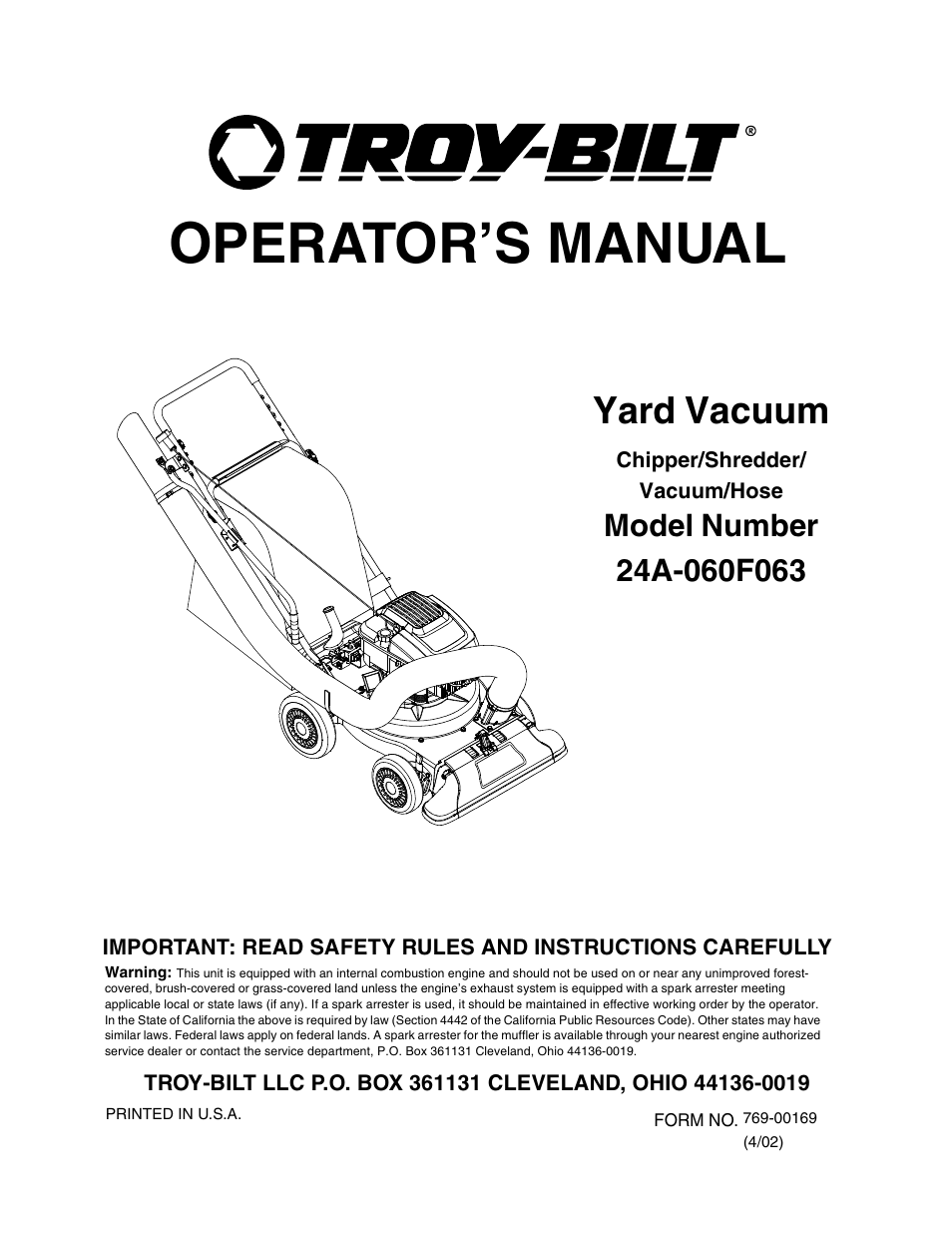 Troy-Bilt 24A-060F063 User Manual | 20 pages