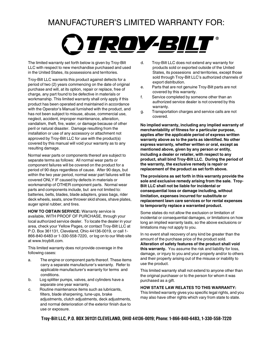 Manufacturer’s limited warranty for | Troy-Bilt 24A-060F063 User Manual | Page 20 / 20