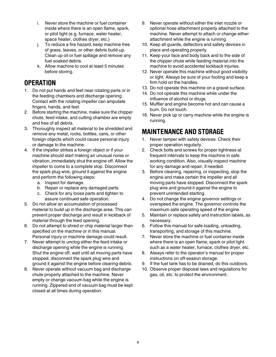 Operation, Maintenance and storage | Troy-Bilt 24A-060F063 User Manual | Page 4 / 20