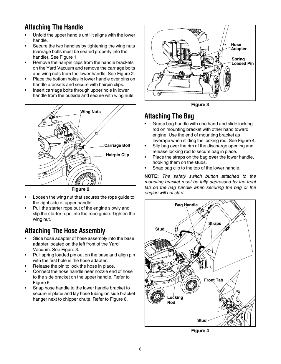 Attaching the handle, Attaching the hose assembly, Attaching the bag | Troy-Bilt 24A-060F063 User Manual | Page 6 / 20