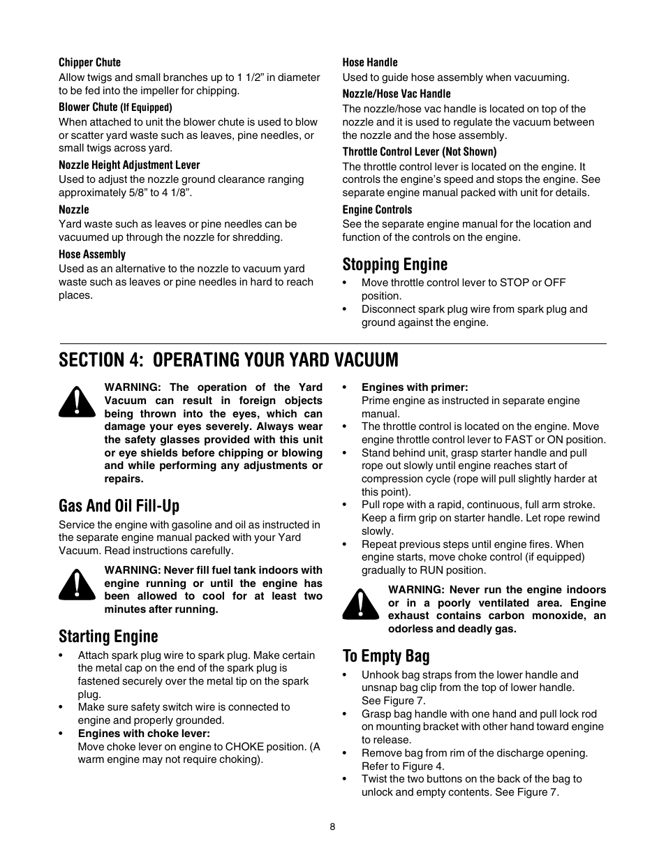 Stopping engine, Gas and oil fill-up, Starting engine | Troy-Bilt 24A-060F063 User Manual | Page 8 / 20