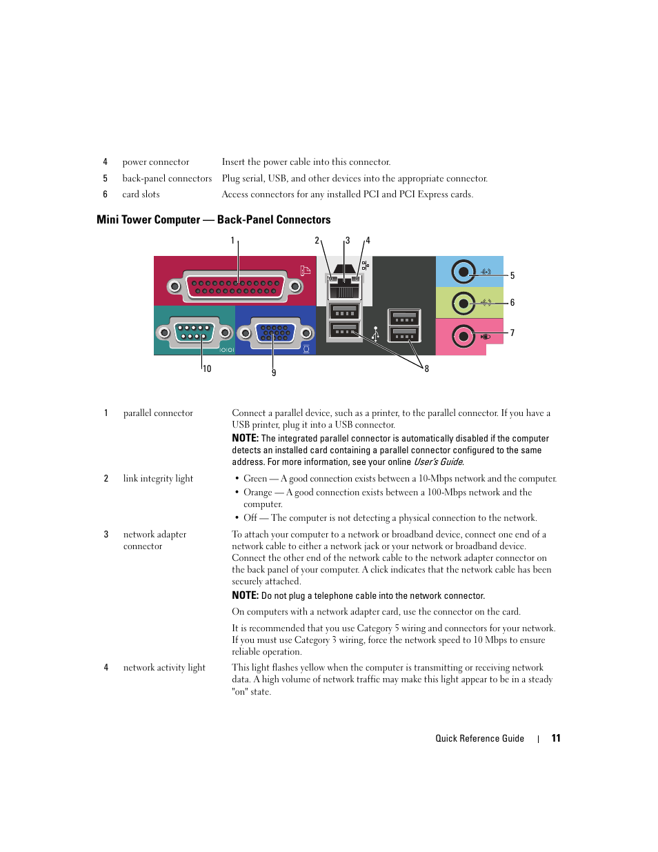 Mini tower computer - back-panel connectors, Mini tower computer — back-panel connectors | Dell OptiPlex 210L User Manual | Page 11 / 130