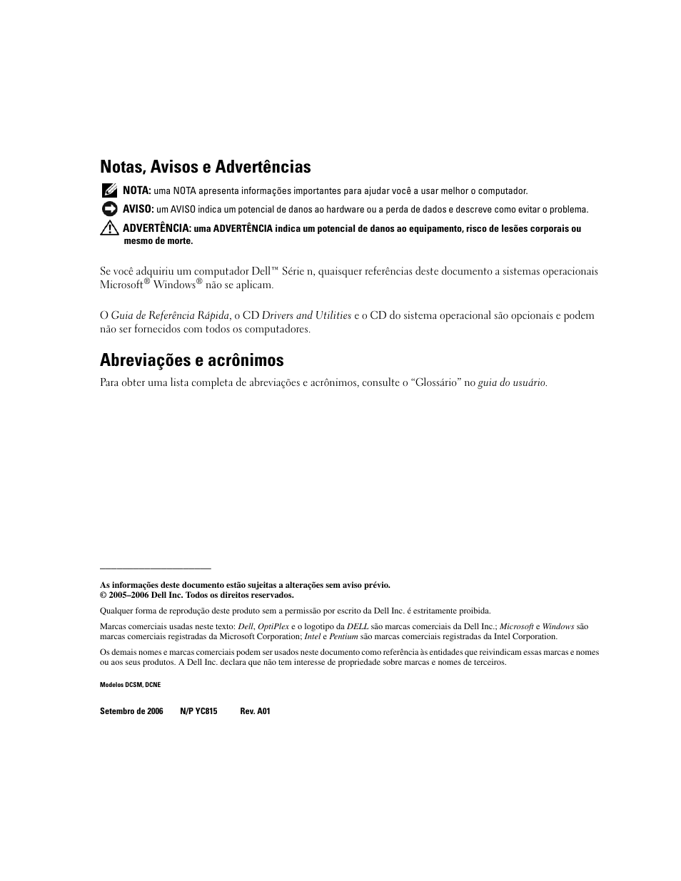 Notas, avisos e advertências, Abreviações e acrônimos | Dell OptiPlex 210L User Manual | Page 44 / 130