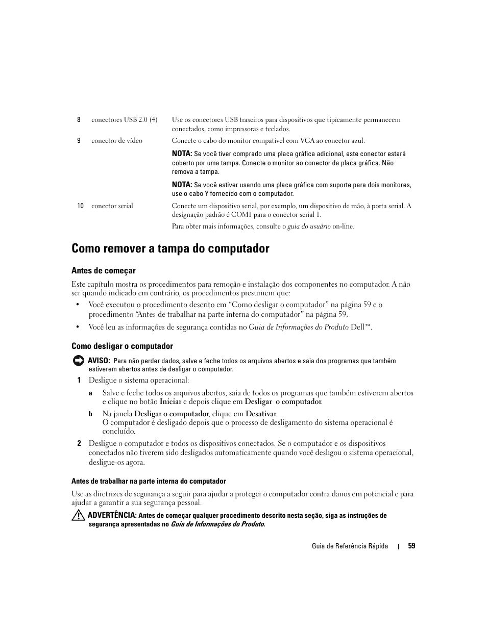 Como remover a tampa do computador, Antes de começar, Como desligar o computador | Dell OptiPlex 210L User Manual | Page 59 / 130